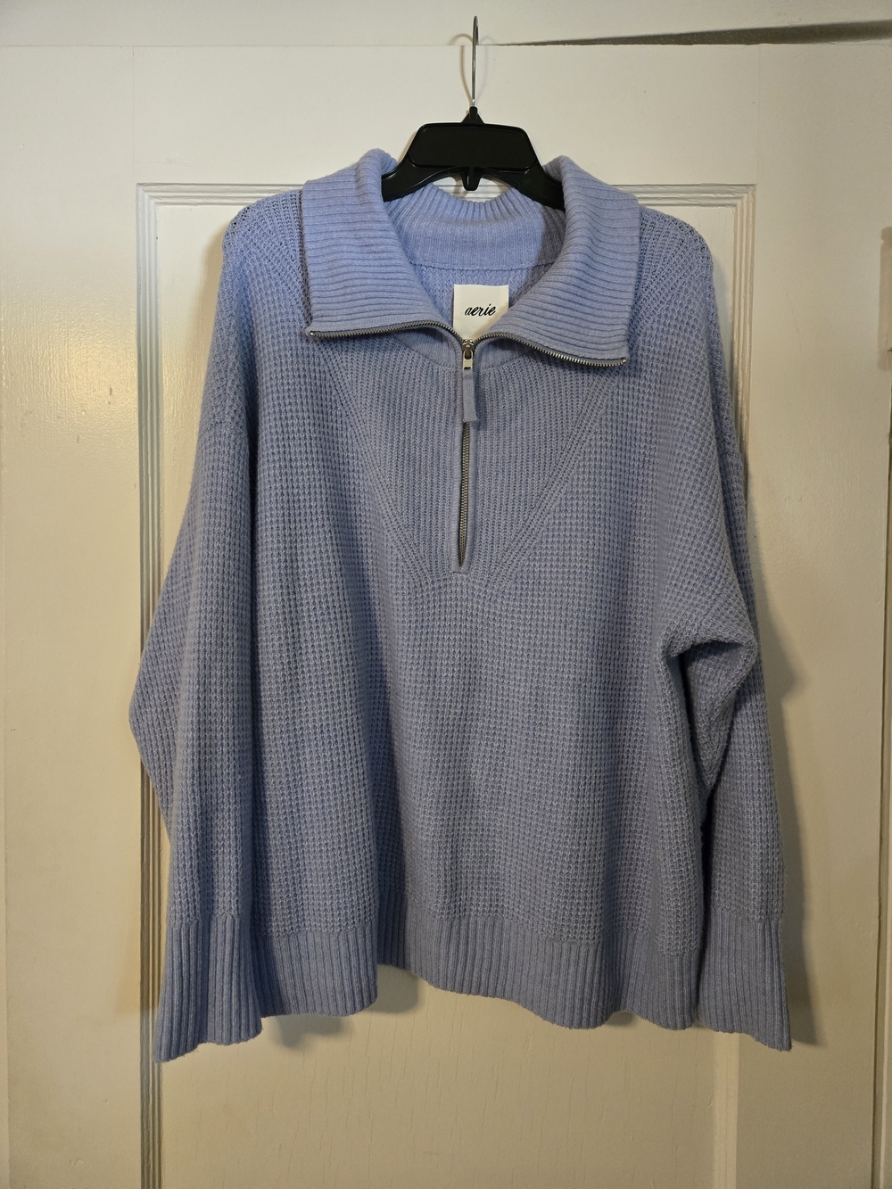 Aerie Women's Light Blue Quarter-Zip Waffle-Knit Sweater